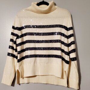 Sequin Stripe Turtleneck Sweater Talbots Cream & Black Classic Size Lp